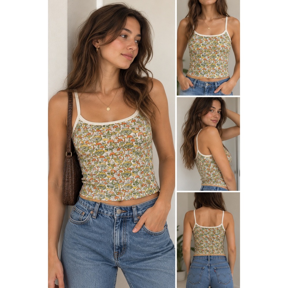 Mollusk Hemp Mushroom Print Cami Tank Top Cream Orange Green Large